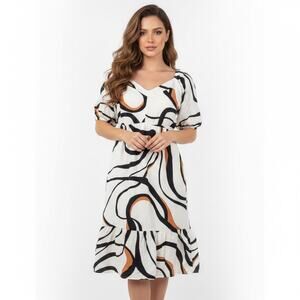 Nine West Abstract Puff Sleeve Midi Dress 2X Cream Smocked Boho Empire Cottage
